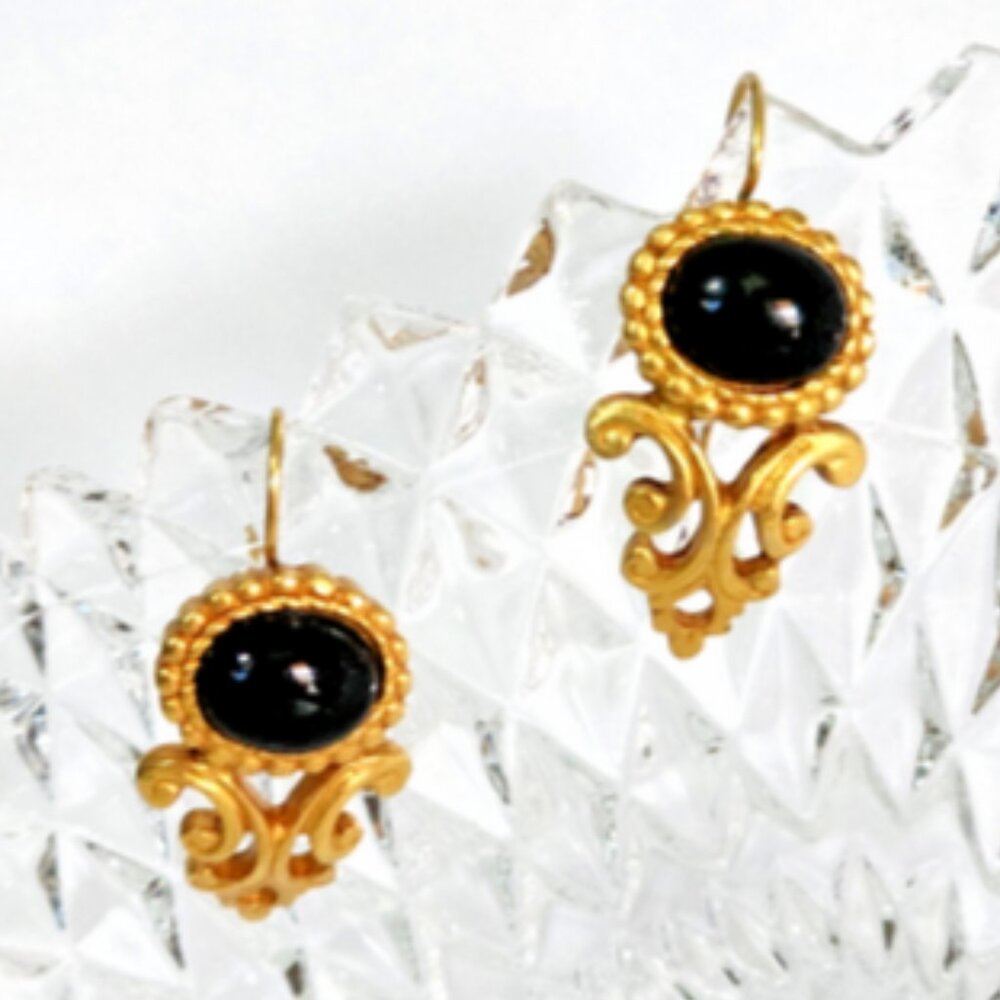 Express Gold Tone with Polished Black Bead Earrings 1.25" x .5"